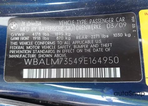 2009 BMW Z4 Sdrive35I z USA, uszkodzony, nr VIN WBALM73549E164950